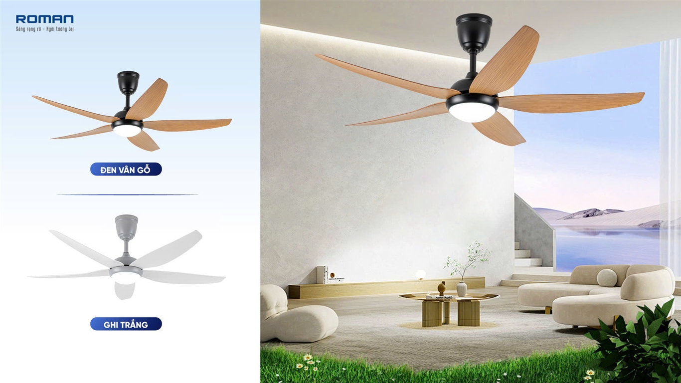 Quạt trần đèn thân đen cánh màu vân gỗ Roman HFC56D1/BG 55W